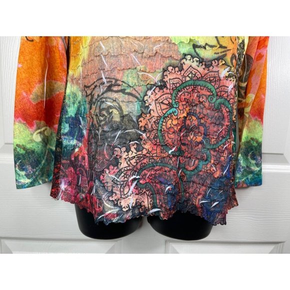 NY Collection Top Womens Size Large L Long Sleeve Orange Colorful Ruffle Stretch - Picture 4 of 8